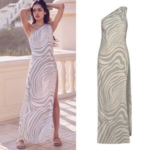 MISA Los Angeles Persephone Gray Abstract Zebra One Shoulder Maxi Dress, XS NWT